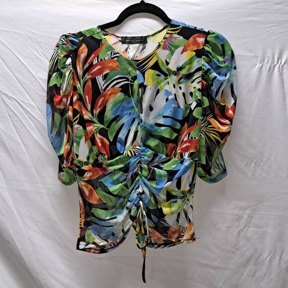 Touch Me sheer Multicolor Leaf pattern 1/2 Sleeve Ruched  Puff sleeve V-Neck LG - Picture 1 of 11